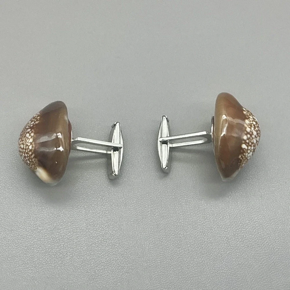 Cowrie Shell Cufflinks Men's Natural Seashell Brown White Silver Tone Coastal